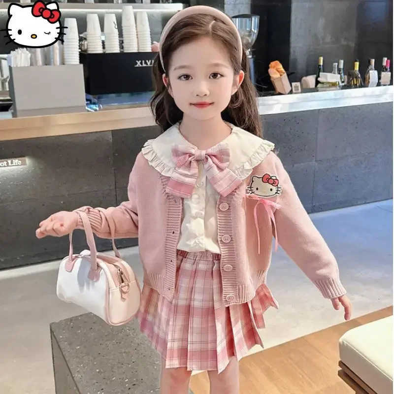 Sanrio Kawaii Girls Fashion Jk Skirt Set Hello Kitty Anime College Style Cartoon Doll Collar Shirt Pleated Skirt Cardigan Jacket H251216