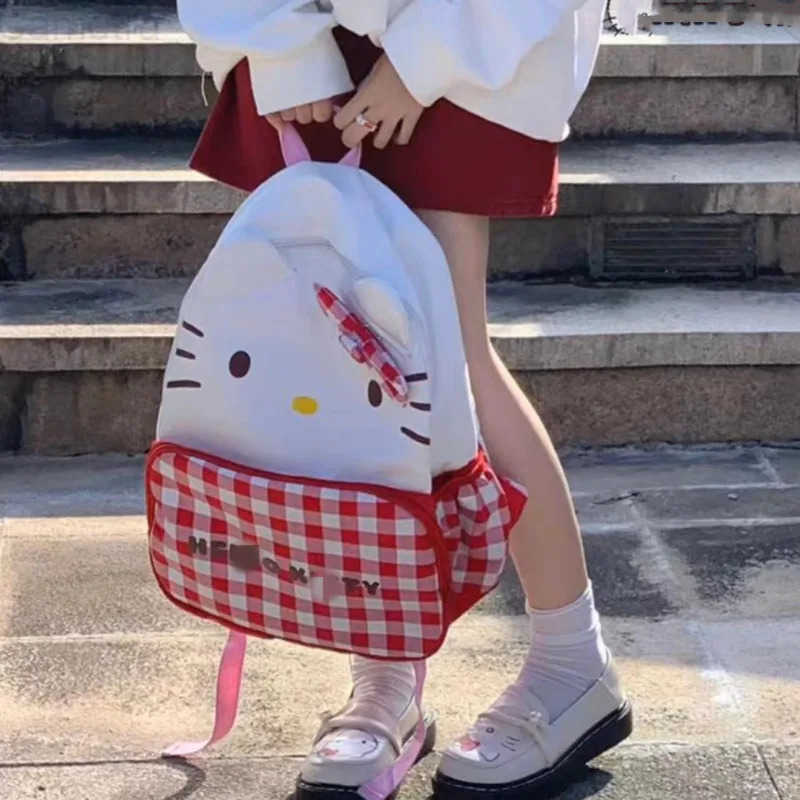 Sanrio Hello Kitty Cute Cartoon Plaid Backpack Y2k Women Fashion Large Capacity Kawaii Schoolbag Casual Shoulder Bags My Melody H251216