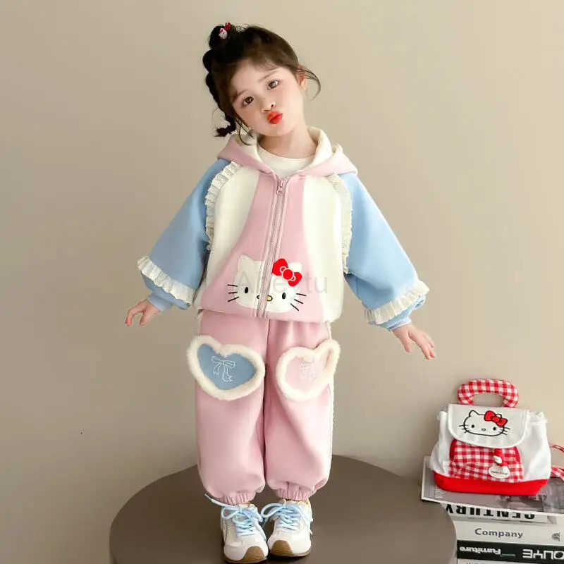 Sanrio Anime Hello Kitty Girls Lace Hoodie and Pants Set Spring Fall Style Casual Cardigan Fall Clothes Two Piece Set of Sportswear H251216