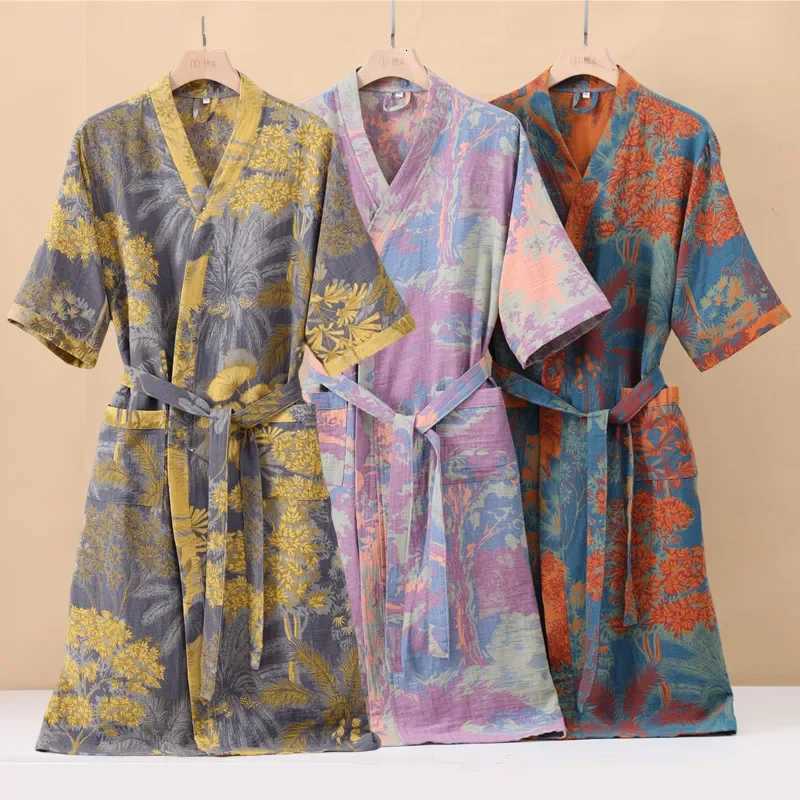 Cotton Fashionable Printed Half Sleeve Kimono Bathrobe for Spring and Summer Thin Home Wear Absorbent Quick Drying Sleeping Robe C251216