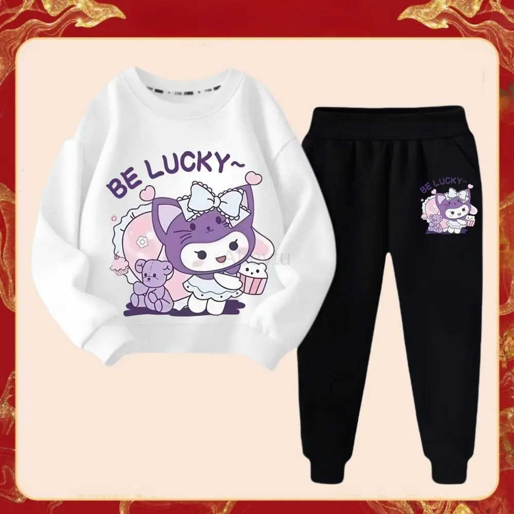 Sanrio 2025 Spring New Kids Cartoon Kuromi Clothing Sets Childrens Hoodies and Long Pants Two Piece Suit for Girl Casual Sweatsuit H251216