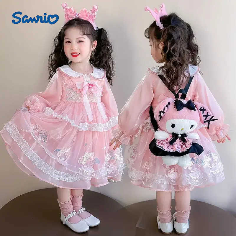 Sanrio Anime Melody Girls Lolita Dress Vintage Lace Party Dress for Kids Ruffled Princess Costume Yarn Skirt Birthday Holiday Gifts H251216