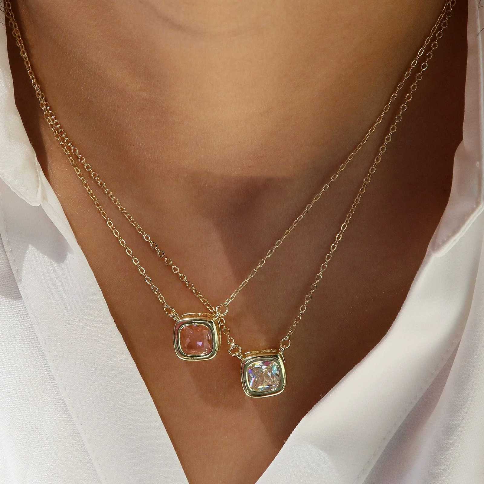 Square Birthstone Zircon Necklace 18K Gold Plated Gemstone Pendant Necklace for Women M251216