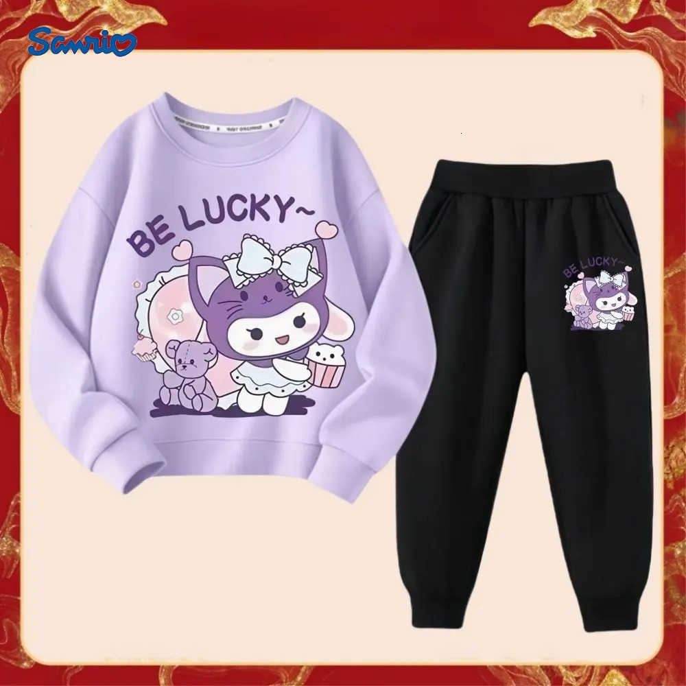 Sanrio 2025 Spring New Kids Cartoon Kuromi Clothing Sets Childrens Hoodies and Long Pants Two Piece Suit for Girl Casual Sweatsuit H251216