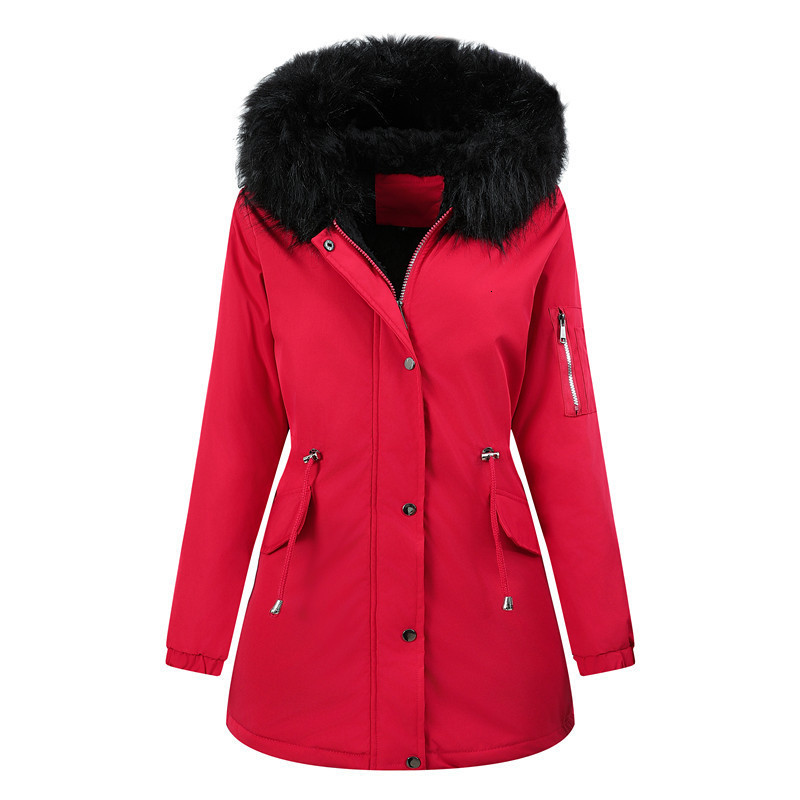 Womens MidLength Hooded Parka Winter Warm WaistCinching FleeceLined Thickened Coat with Fur Collar 241008