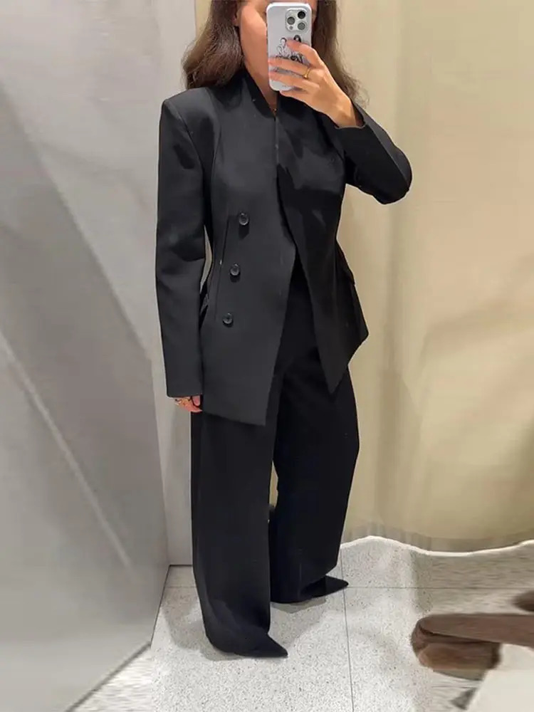 Casual Black Blazer Pants Set Women Full Sleeve Button Closed Waist Long Straight Solid Pant Sets Female 2026 Spring Lady Suits 251215
