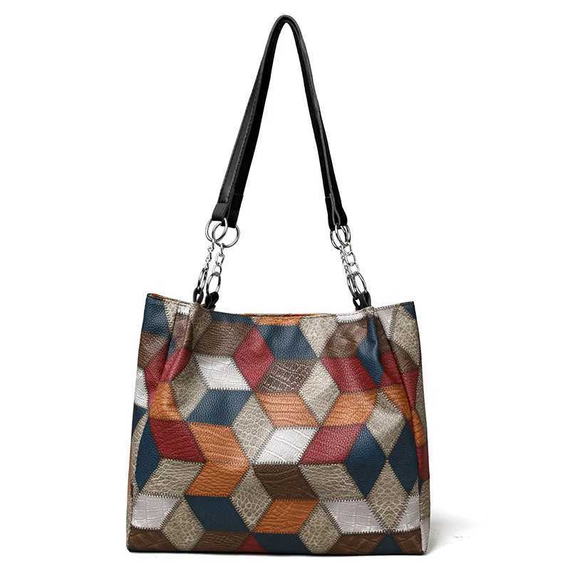 Fashion Contrast Color Large Capacity Female Tote Bag PU Leather Ladys Shoulder Bag Designer Womens Shopper Hand Bags M251216