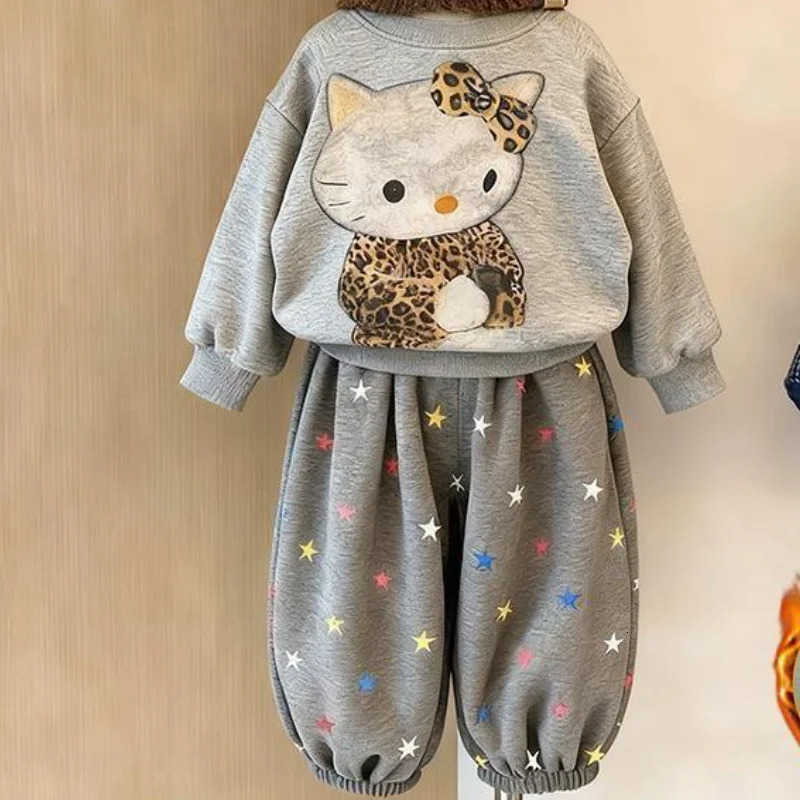 Sanrio Hot Kawaii Y2K Anime Fashion 2-Piece Set Childrens Clothing Tops Cartoon Kt Cat Warm Casual Pants Baby Plush Hello Kitty H251216