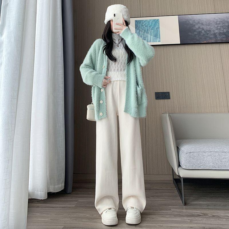 Pink corduroy pants for women in autumn and winter, thickened high-waisted, loose, straight-leg, fleece warm Chenille wide-leg pants-----YF-675