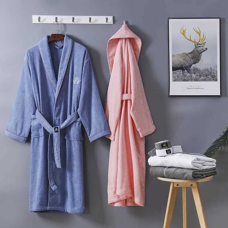 Star Hotel Women 100 Cotton Towel Bathrobe Winter Warm Kimono Bath Robes Bride Long Terry Dressing Gown Men Sleepwear C251216