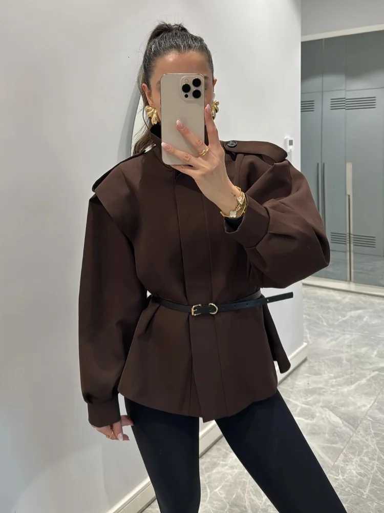 Solid Belted Loose Trench Coat Fashion Lapel Long Sleeve Zipper Button Bomber Jacket Lady Autumn High Street Windbreaker 2025T251216