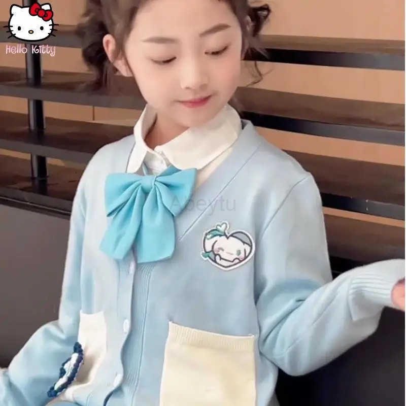 Sanrio Anime Girls New Jk Skirt Suit Cinnamoroll Fashion Cosplay Kawaii Comfortable Cartoon Knitted Cardigan Cotton Soft Shirt H251216