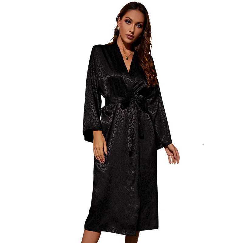 Women Robe Black Print Leopard Kimono Bathrobe Gown with Belt Sexy V-Neck Nightgown Sleepwear Loose Silk Satin Home Dress C251216