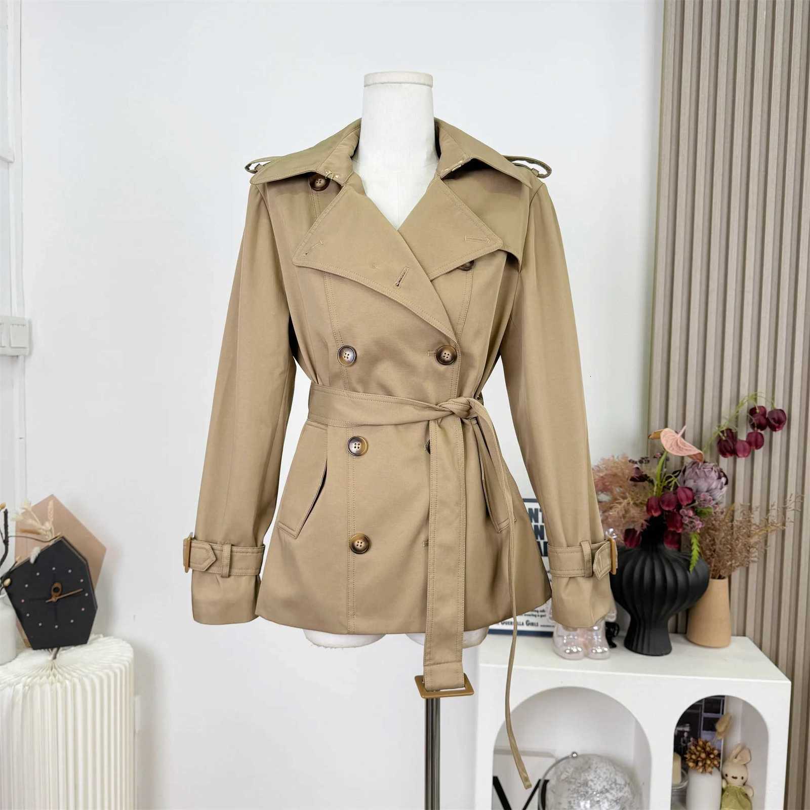 Womens Elegant Spring Autumn Double Breasted Trench Jacket Lady Turn Down Collar Long Sleeve Solid Color Trench OutwearT251216