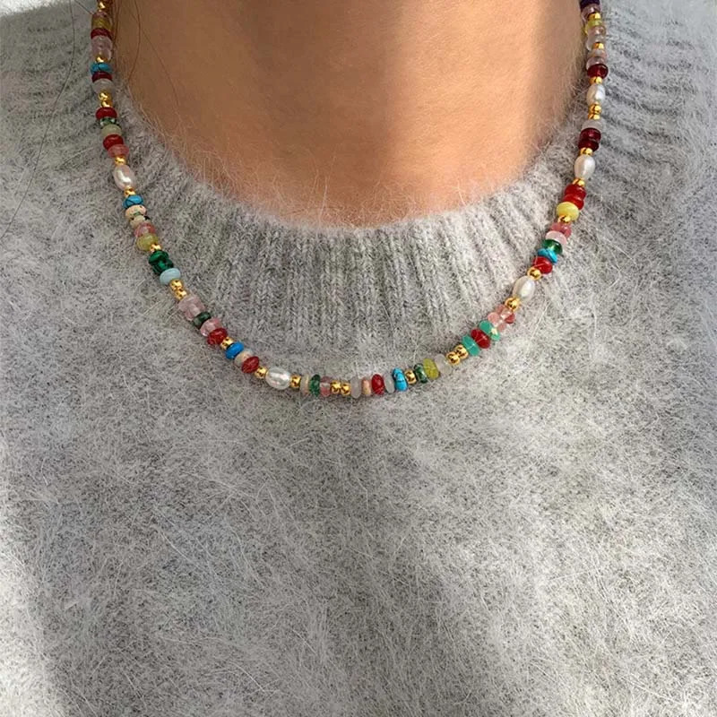 Fashion Colorful Beads Stone Natural Freshwater Pearl Necklaces For Women Retro Gold Color Clavicle Chain Necklace Jewelry Gifts 251212