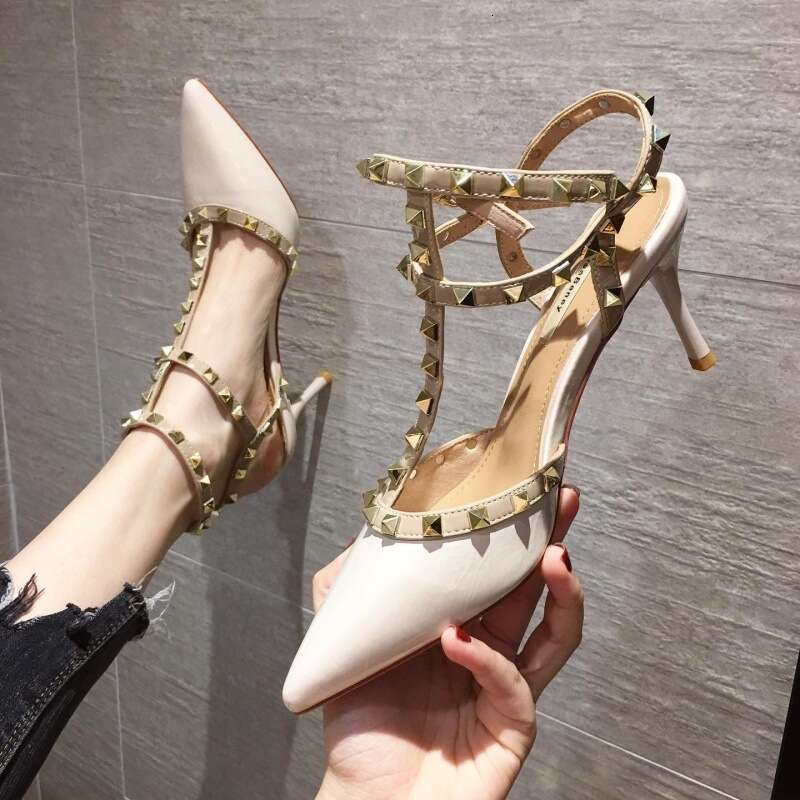 Studded High Heels Thin Heel Single Shoes Versatile 2023 Summer Sexy Pointed Toe T-Strap Backless Rivet Sandals Women
