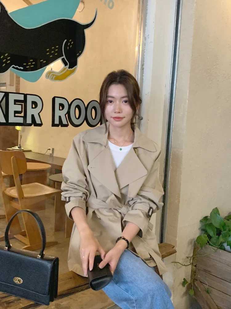Spring/Autumn New Korean Fashion Waist Slimming Lace Up Jacket for Women Double Breasted Mid Length Trench Coat Women ClothingT251216
