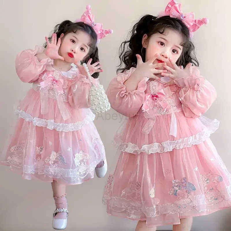 Sanrio Anime Melody Girls Lolita Dress Vintage Lace Party Dress for Kids Ruffled Princess Costume Yarn Skirt Birthday Holiday Gifts H251216