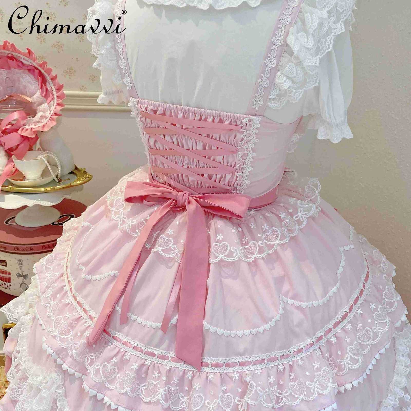 Sanrio New 2025 Summer Original Sweet Lolita Jsk Dress Cute Bow Lace Stitching Kawaii Girls Women Elegant Slim Suspender Dresses H251216
