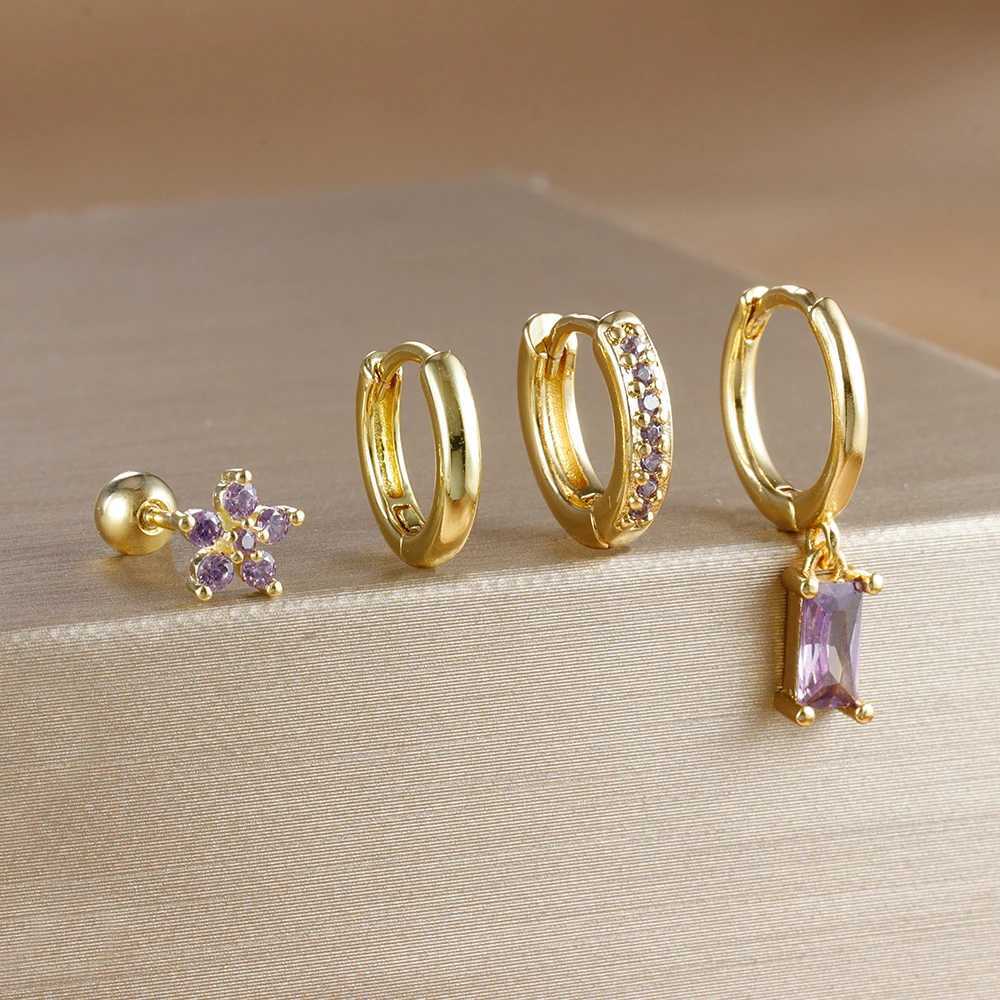 4PCS/Set Classic Little Crystal Flower Stainless Steel Earrings for Women Personality Square Pendant Earring Piercing Jewelry G251216