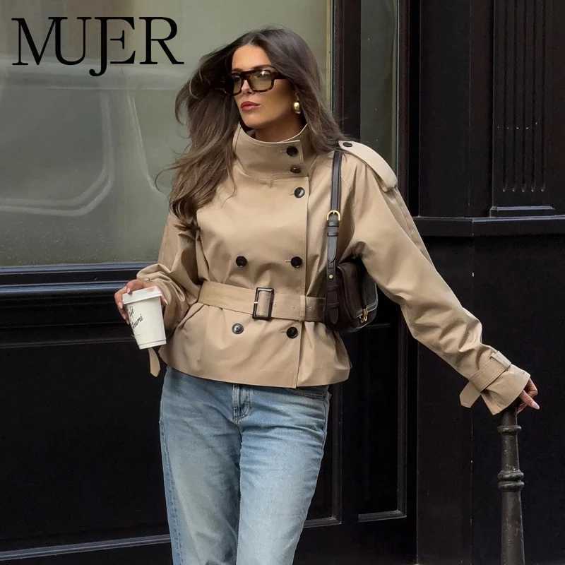 MUJER Short Womens Trench Coat Double Breasted Windbreaker Woman Belt Winter Coats for Women Outdoor Coats New in OuterwearsT251216