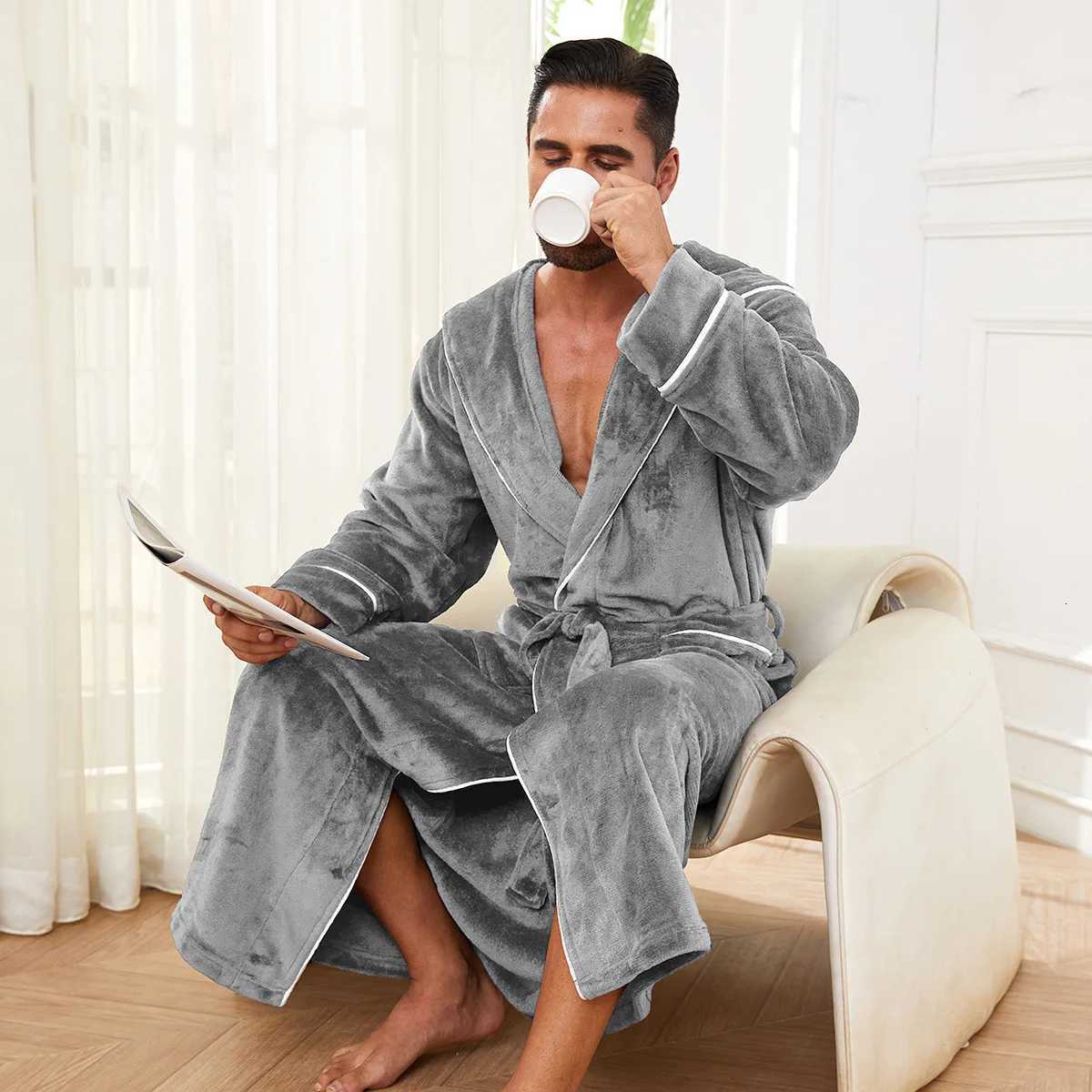 American-Style Flannel Couples Dressing Gowns Mens Bathrobe Nightwear Womens Coral Fleece Thickened Mid-Length Nightgown C251216