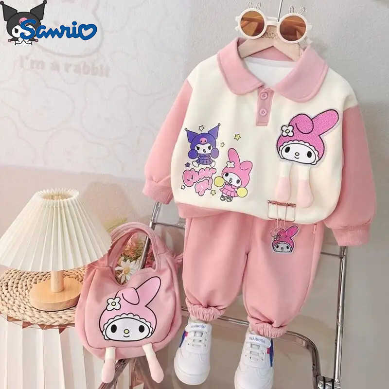 Sanrio Hello Kitty SweatshirtSet Girls Kawaii Y2K Anime Childrens Clothing Casual Athleisure Warm Winter Oversized Kpop Pants H251216