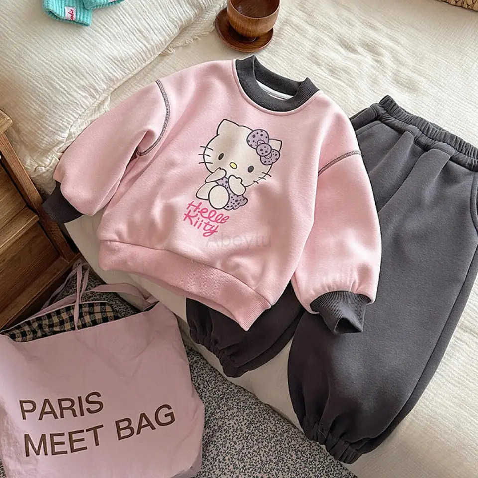 Sanrio Hello Kitty Childrens Clothing Cute Girls Hoodies and Sweatpants Two-Piece Set Fleece-Lined Winter Outdoor Versatile H251216