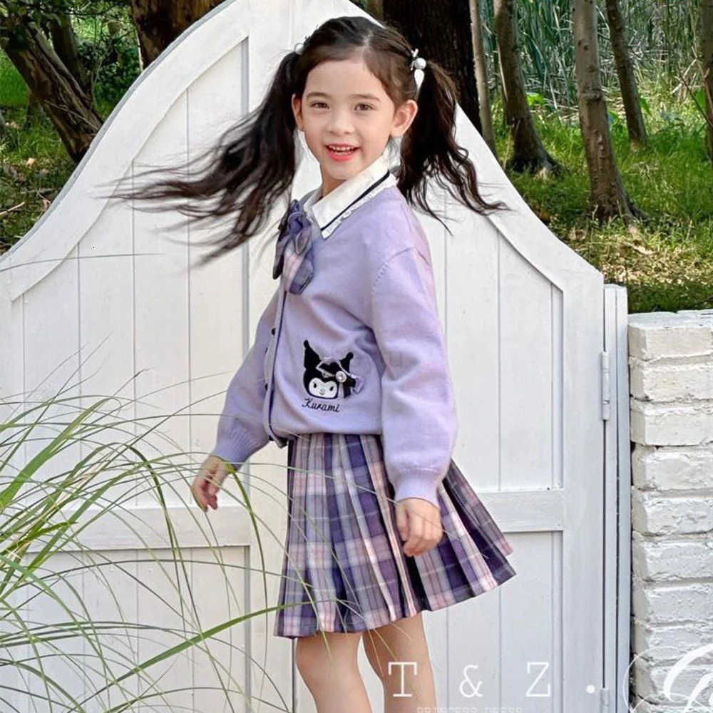 Sanrio Anime My Melody Autumn Girls Kids 3Pcs Set Sanrios Kuromi Fashion Kawaii Children College Style Cardigan Shirt Pleated Skirt Set H251216