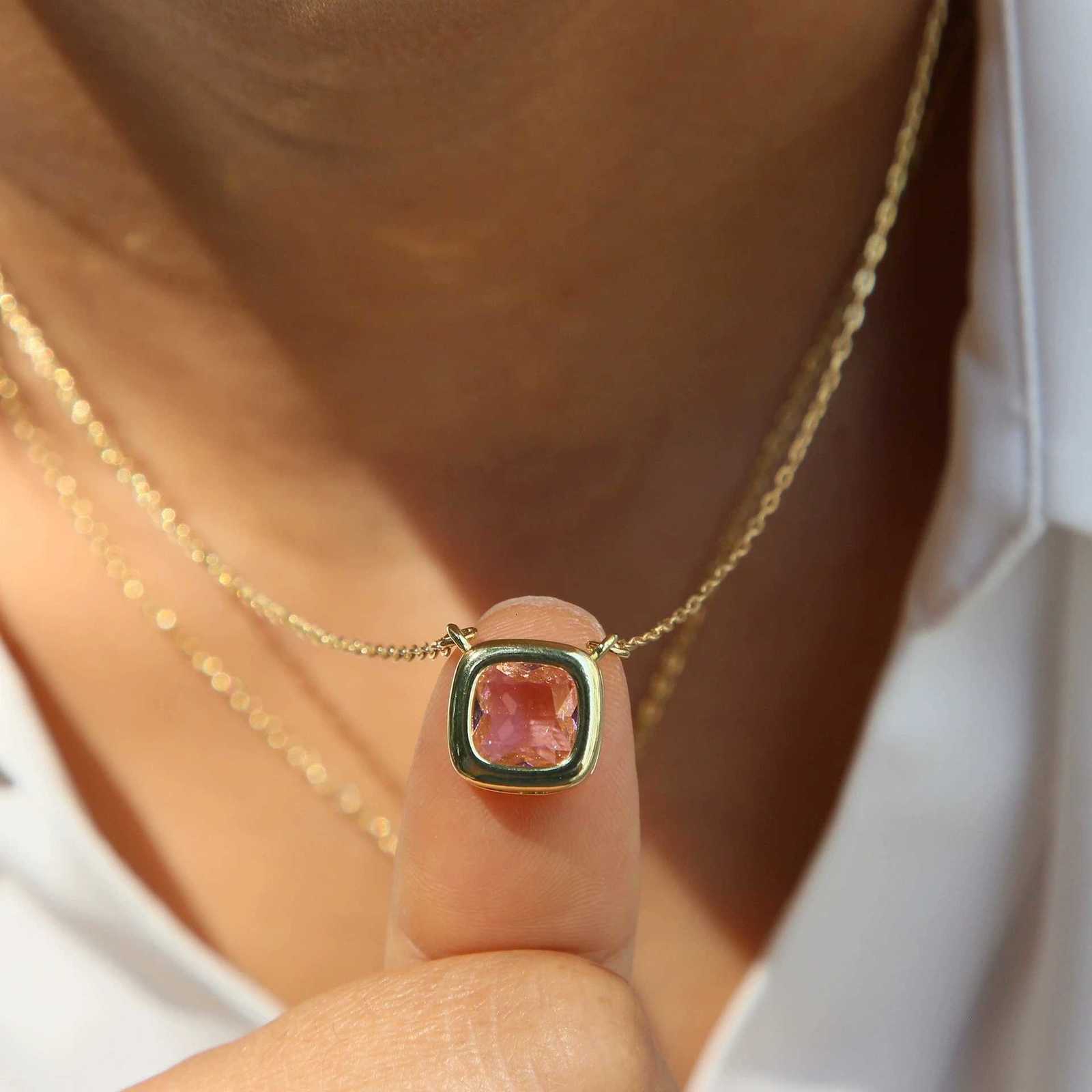 Square Birthstone Zircon Necklace 18K Gold Plated Gemstone Pendant Necklace for Women M251216