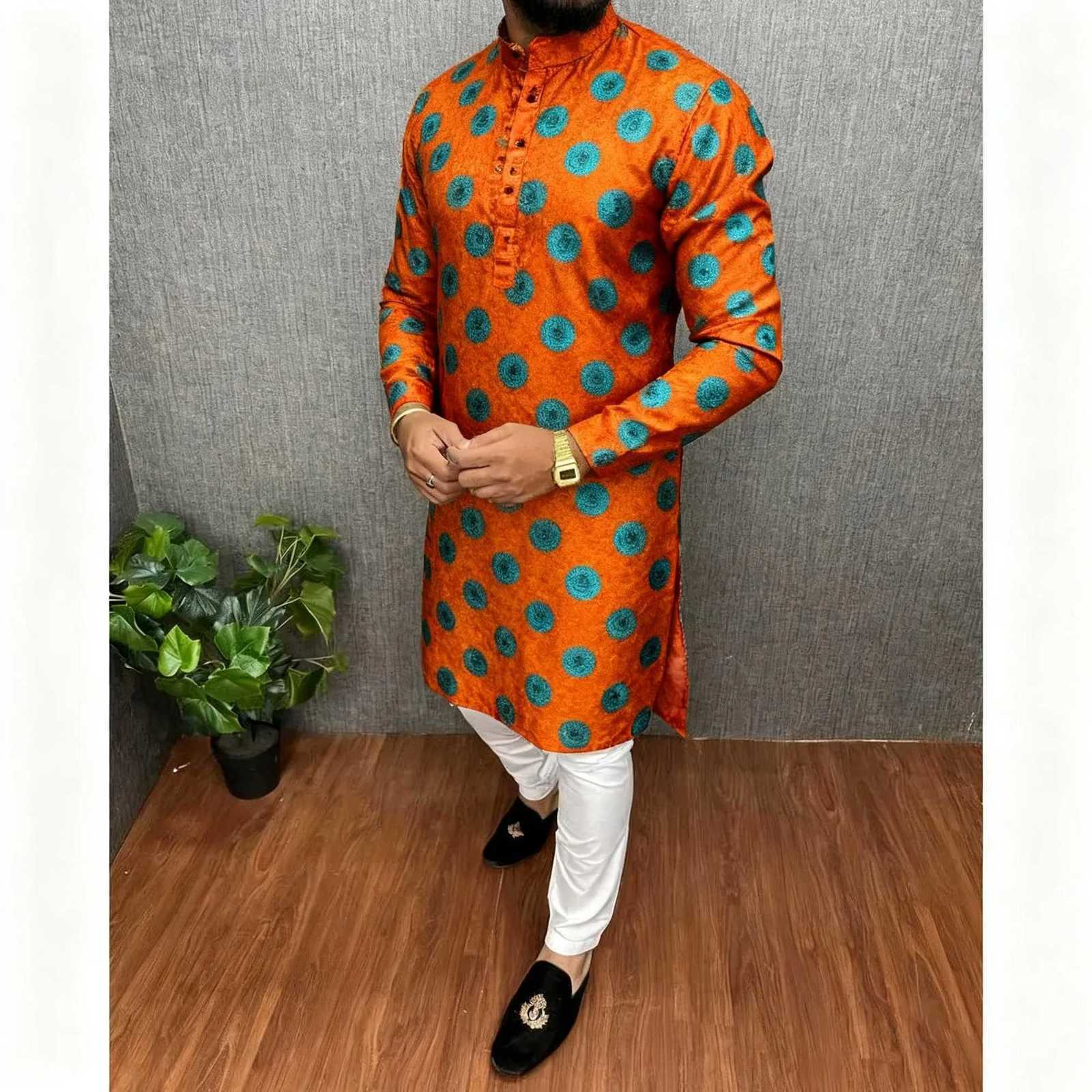 Men Islamic Arabic Abaya Robe Ethnic Print Stand Collar Youth Mid-length Shirt Luxury Coat Moslim Kleding Vestiti Musulmani Uomo W251216 - view 4