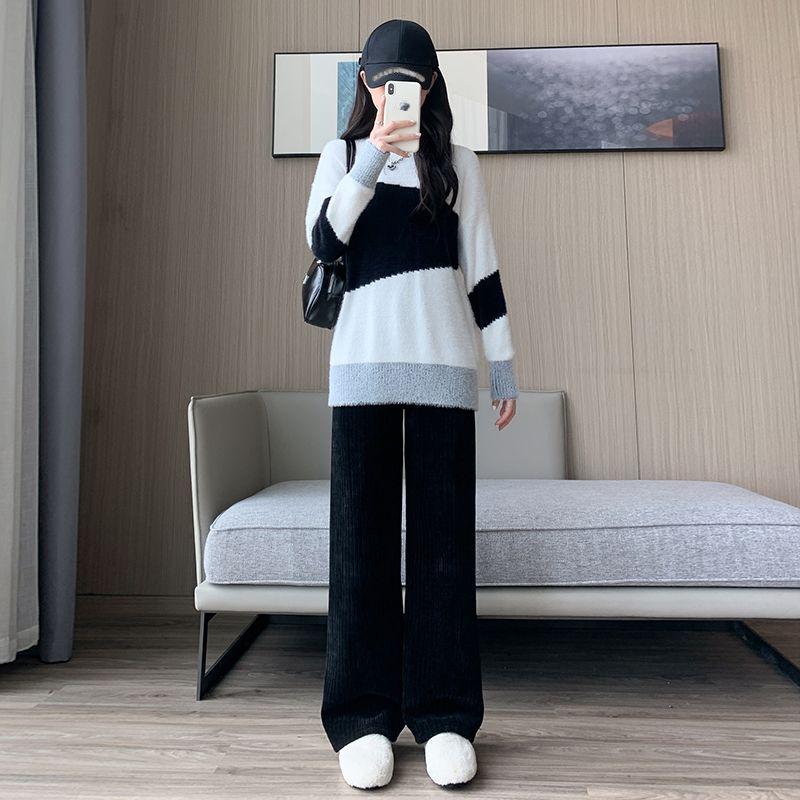 Pink corduroy pants for women in autumn and winter, thickened high-waisted, loose, straight-leg, fleece warm Chenille wide-leg pants-----YF-675