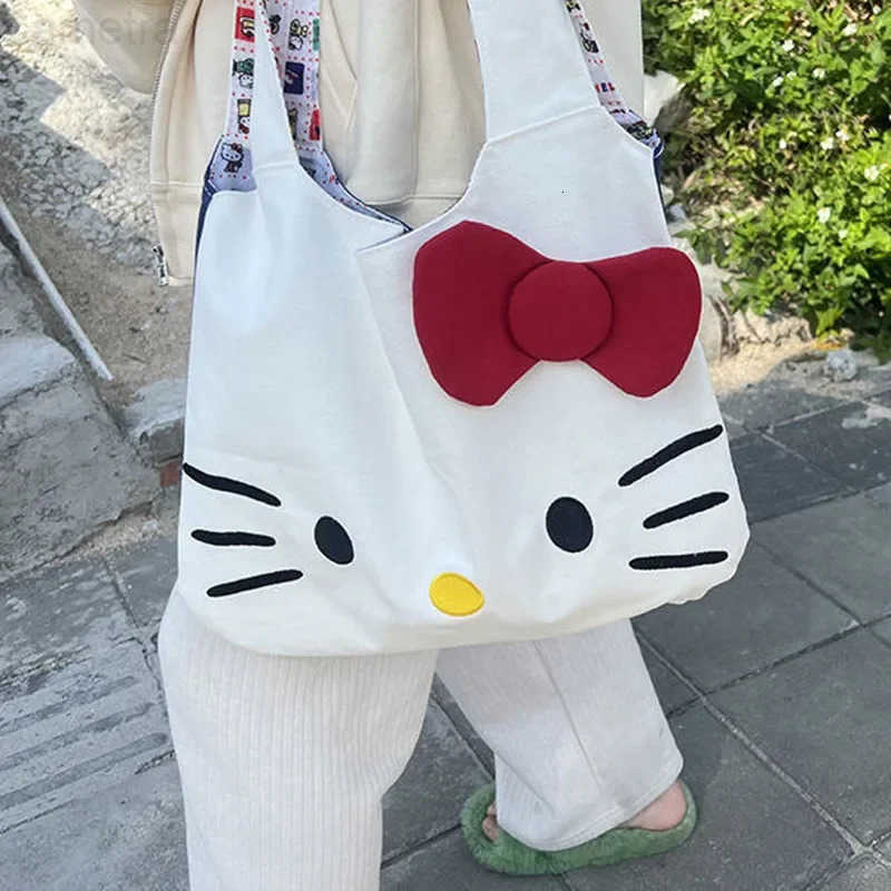 Sanrio hello kitty shoulder bag new canvas large capacity tote bag cartoon cute handbag girl storage bag shopping H251216