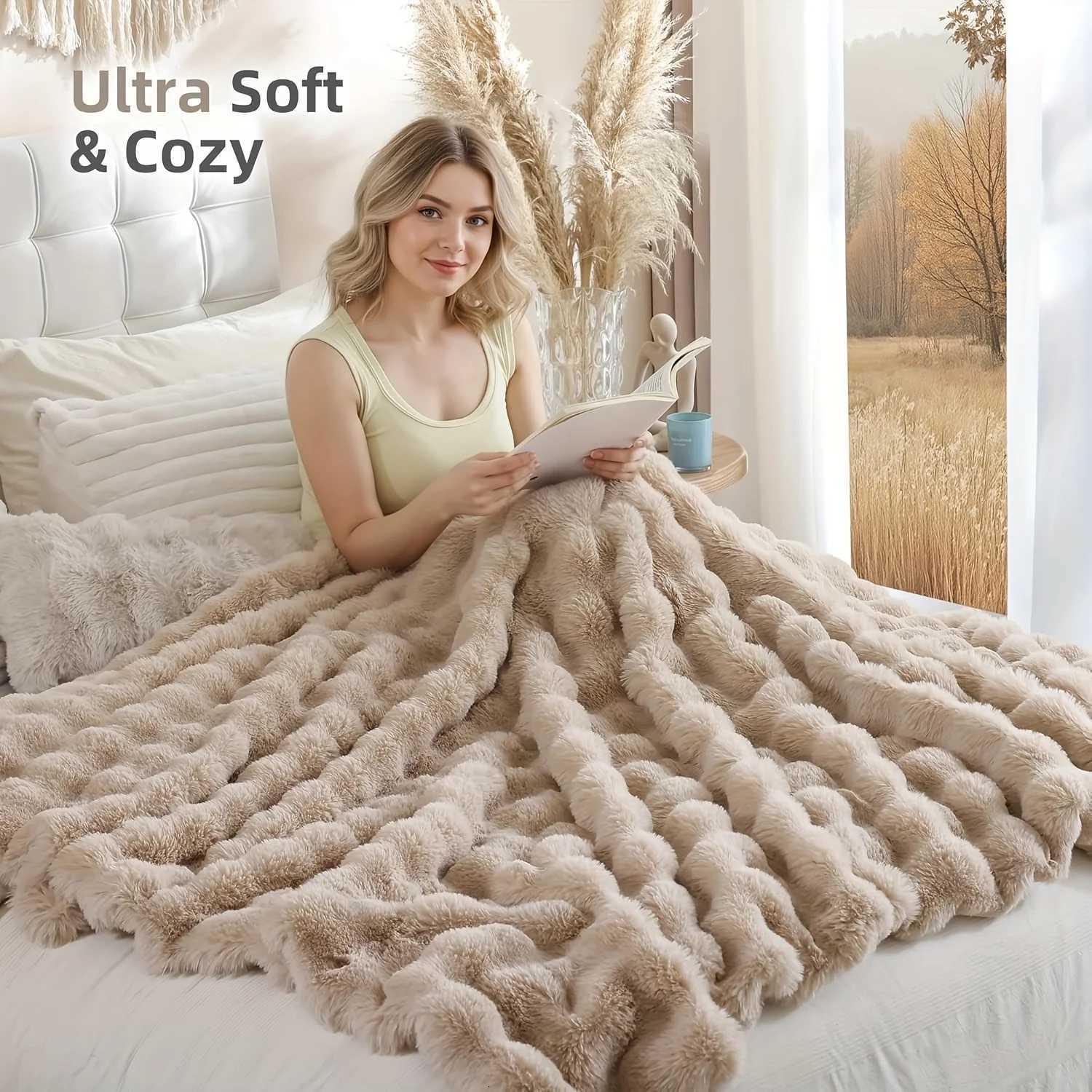 Faux Rabbit Fur Blanket Plush Bubble Texture All-Season Cozy Bedspread for Bed Sofa 40x60 Beige H251216 - view 5