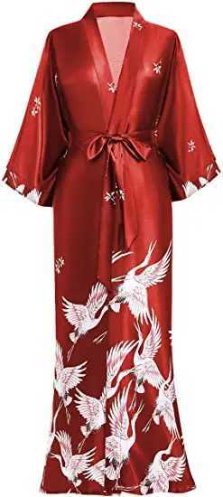 Print Crane Lady Kimono Bathrobe Gown Women Wedding Robe Loose Soft Satin Nightgown Sleepwear V-neck Long Novelty Nightwear C251216
