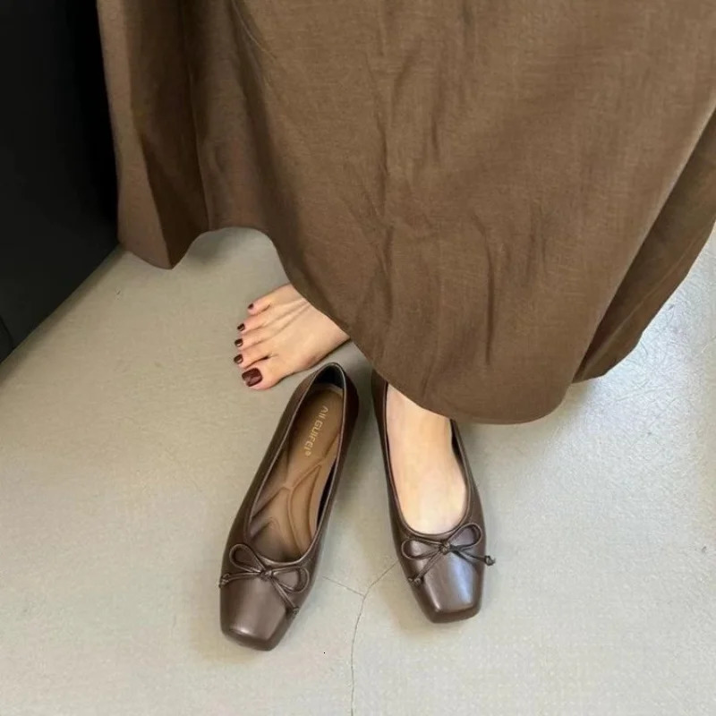 Bowtie Flat Shoes Women Ballerinas Square Toe Slip on Ballet Flats Lazy Loafers Moccasins Ladies Casual Comfort Shoes 251216