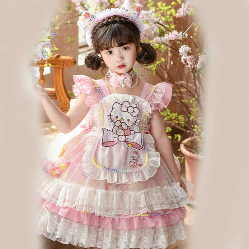Sanrio Hello Kitty Premium Cotton Girls Lolita Dress with Embroidery Princess Skirt Puffy Skirt Summer Spring Anime Festival Gift H251216