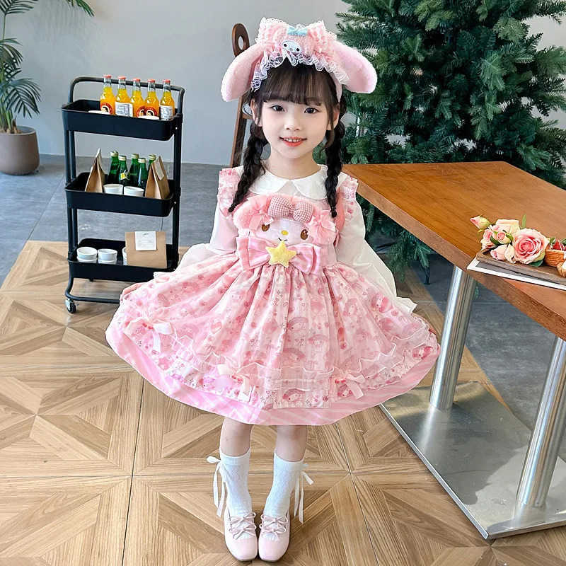 Sanrio Anime My Melody Girls Lolita Dress Vintage Lace Party Dress for Kids Ruffled Tutu Skirt Princess Costume Outfit for Birthday H251216