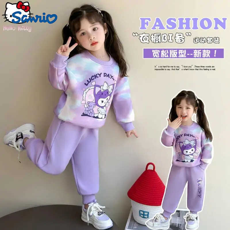 Sanrio 2Pcs Anime Girls Pullover Spring Autumn New Kuromi Kawaii Cartoon Child Long Sleeved Sweet Fashion Sweatshirt Sweatpants H251216