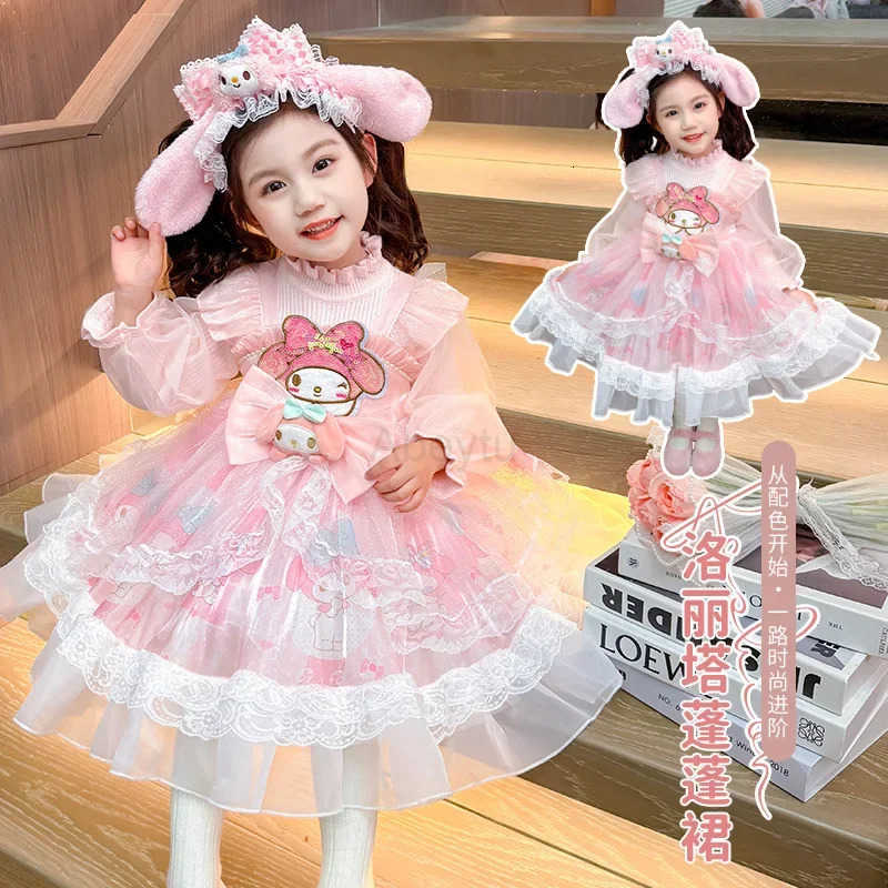 Sanrio Anime My Melody Girls Lolita Princess Dress Lace Party Dress Bow Decoration Knitted Dress Ruffled Tutu Skirt Layered Dress Gift H251216