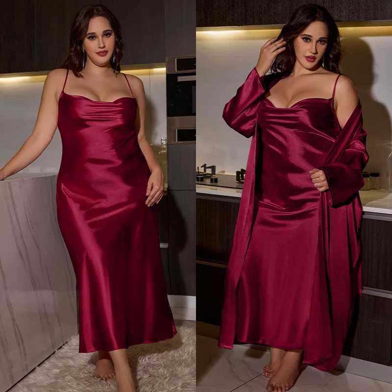 Plus Size 3XL 4XL 5XL NightyRobe Set Sexy Bride Long Wedding Bathrobe Dress Spring Summer New Sleepwear Loose Satin Home Wear C251216