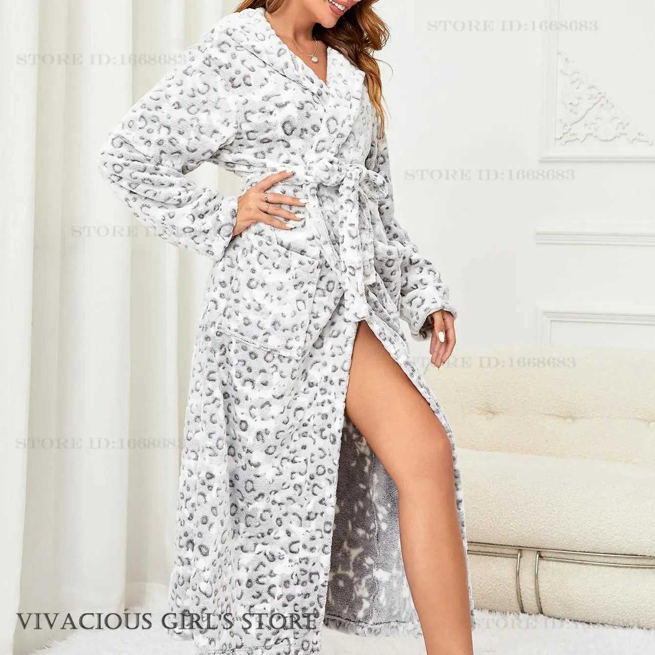 Thicken Flannel Hooded Long Robe Kimono Bathrobe Gown Autumn Winter Women Sleepwear Home Dress Sexy Leopard Negligee Loungewear C251216