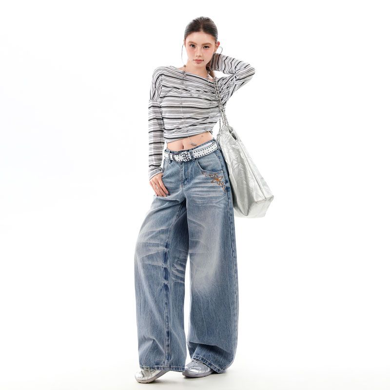 Retro heavy industry cat whiskers design, gradient lightning pattern bamboo joint fabric, loose and slimming straight-leg wide-leg pants----955#