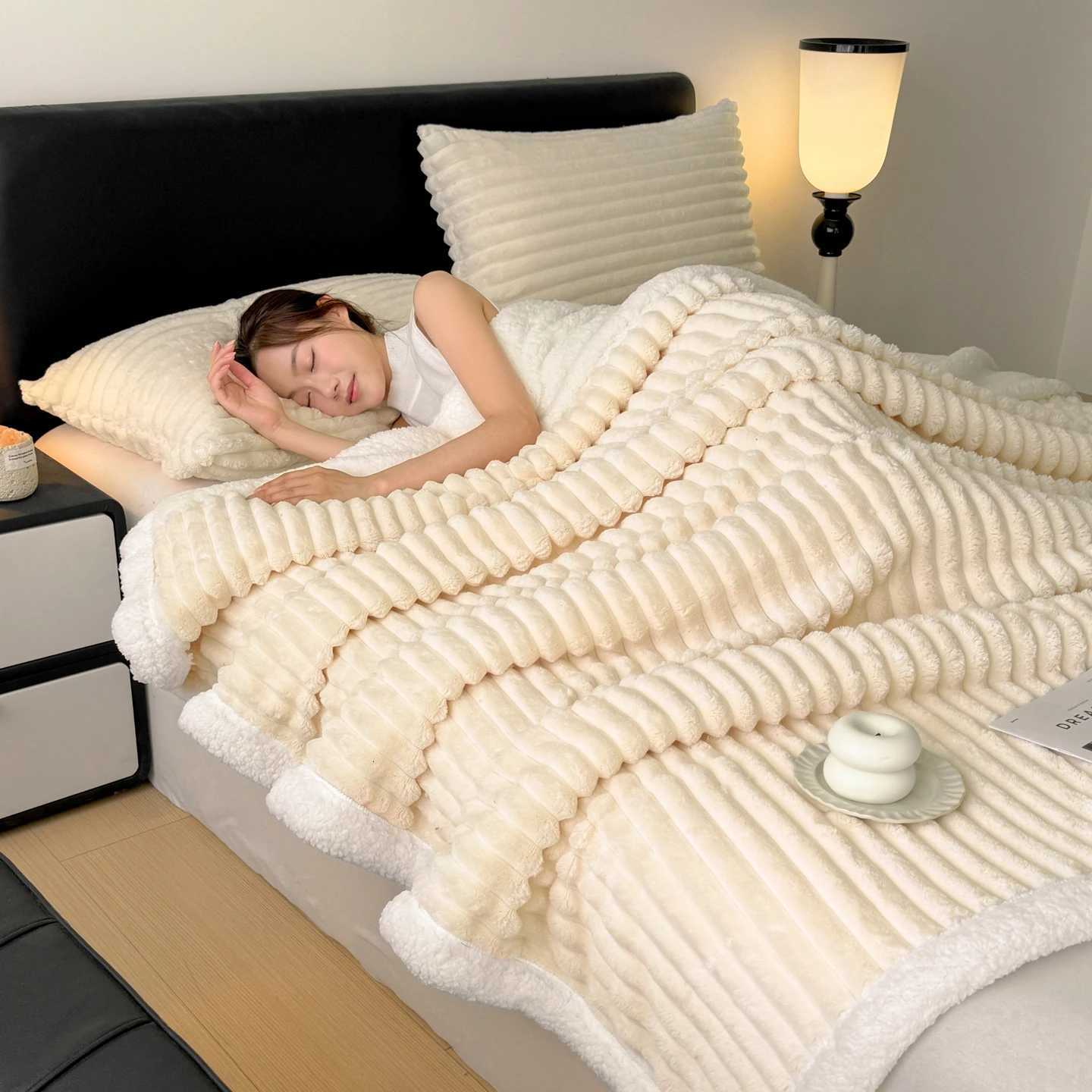 Cozy Fluffy Coral Fleece Blanket Thick Warm Striped Winter Duvets Soft Plush Sofa Throw Blanket Queen Bedroom Bedspread for Home H251216 - view 3