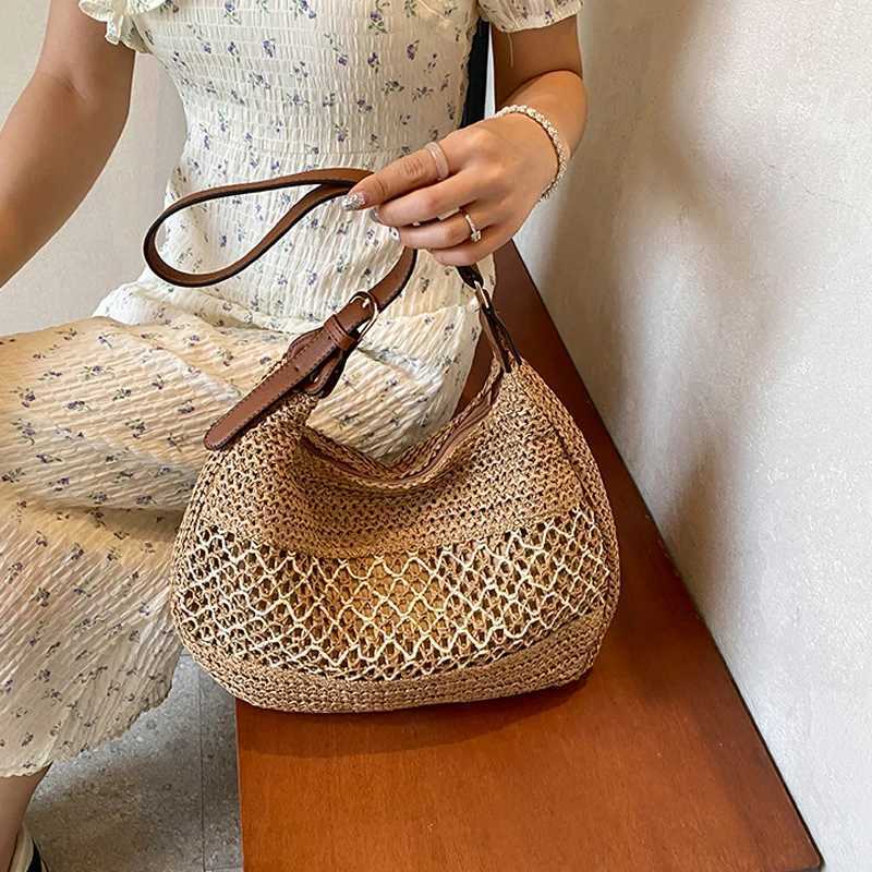 Summer Straw Weaving Shoulder Bag Large Capacity Crochet Beach Handbag Women Handmade Woven Hollow Out Casual Knitting Bag M251216