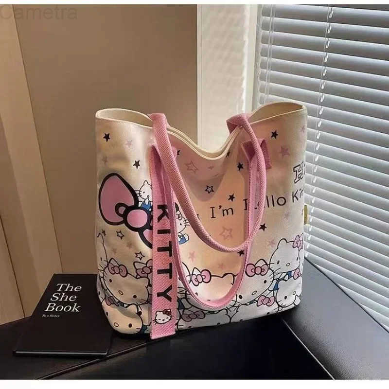 Sanrio Hello Kitty Canvas Bag Cartoon Womens Shoulder Bag Japanese Lightweight Large Capacity Shopping Bag For Girls Gifts H251216