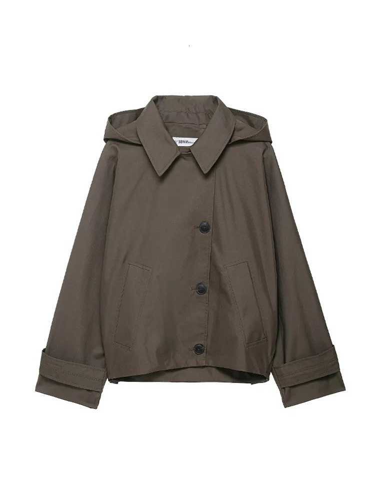 Womens Short Trench Coat Solid Hooded Loose Casual Overcoat Single Breasted Windbreaker Chic Lady Outfits 2025 Autumn NewT251216