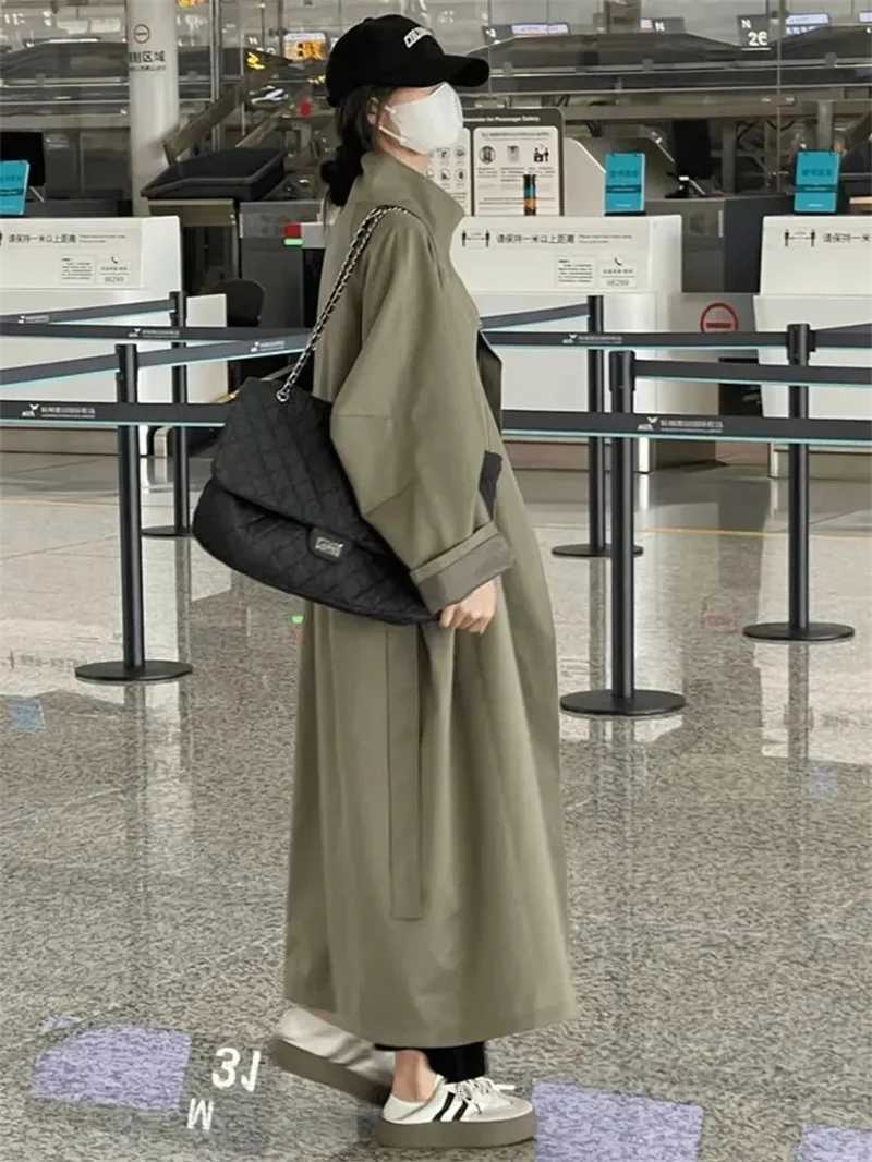 Korean Lazy Style Windbreaker Coat for Women 2024 Autumn New Style Loose Small High-end Casual Long Style Solid Color CommutingT251216