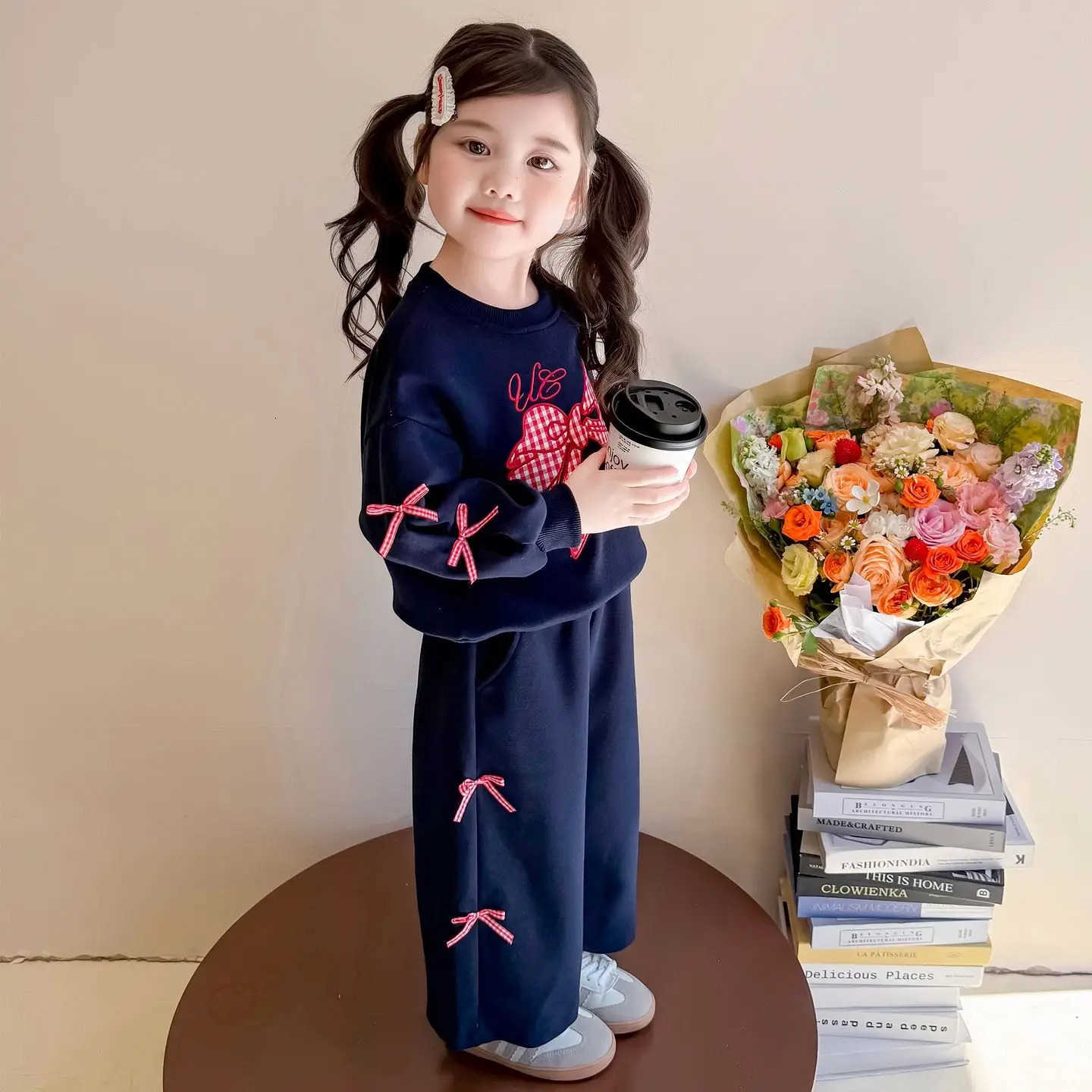 Sanrio 2025 Children Cotton Lace Bow Long Sleeve Sweatshirt Suit Girls Casual Sport Loose Tracksuit Outfits Kids Spring Autumn Clothes H251216