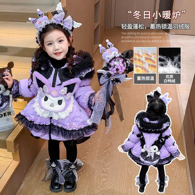 Sanrio My Melody Girls Lolita Down Jacket 2025 Winter New Children Cartoon Kawaii Warm Long Princess Style Thick Warm Coat Sweet Tops H251216